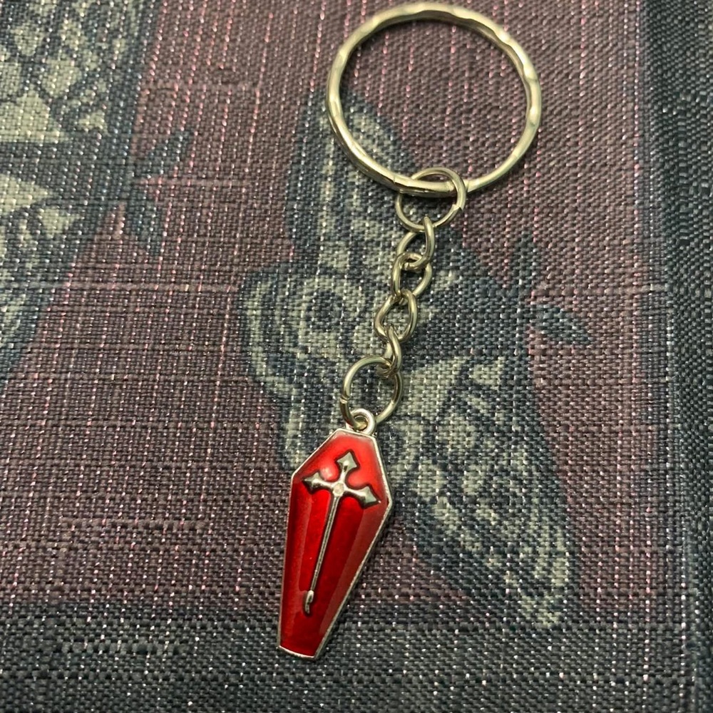 Red Coffin Keychain with Cross Design